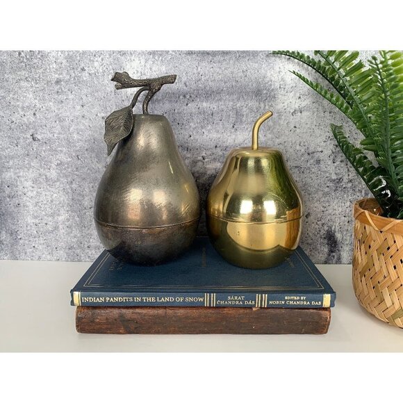 Pair Pear Trinket Boxes Brass Gold Tone Silver Tone MCM Vtg Decor Mixed Metal - Picture 1 of 10